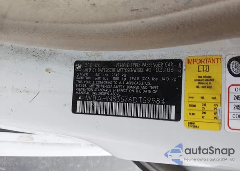 2006 BMW 750Li из США, поврежденный, VIN WBAHN83576DT59984